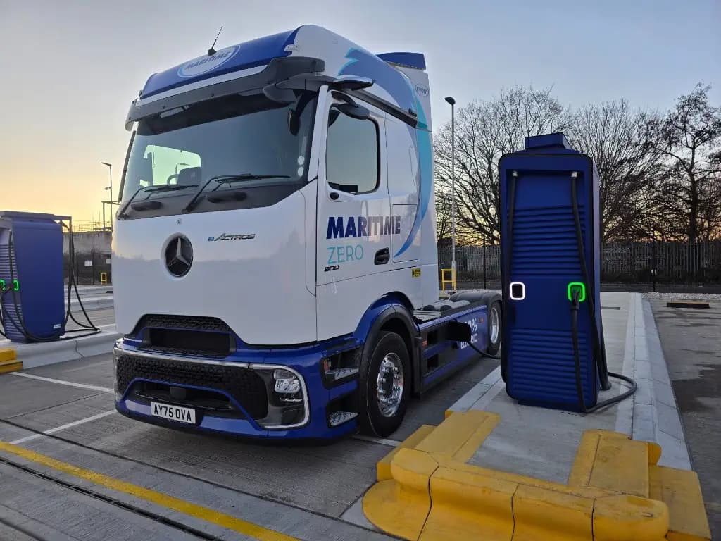 Maritime Transport Mercedes-Benz eActros electric HGV connected to a depot charger