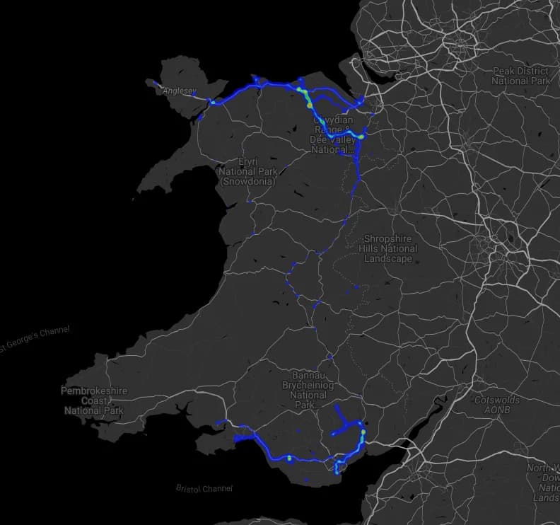 Quartix telematics heat map of NHS Supply Chain vehicle movements across Wales from ZERO analysis