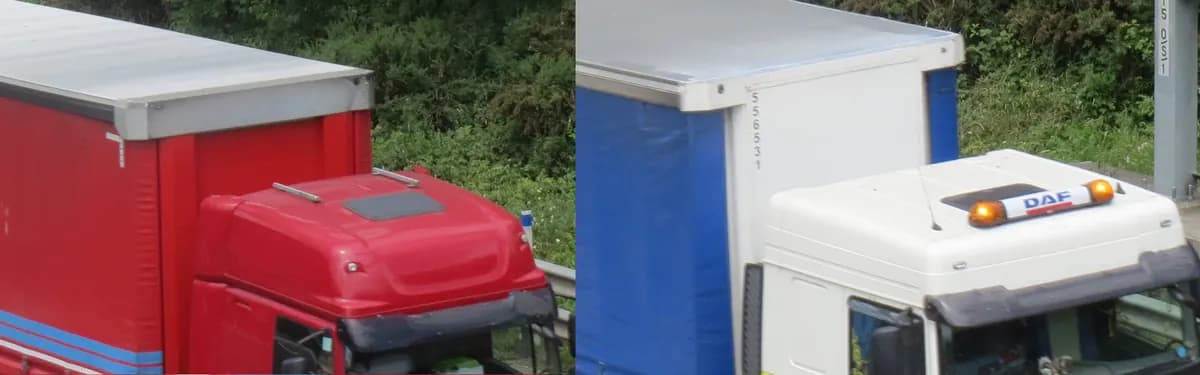 Collage of HGVs operating without aerodynamic roof spoilers