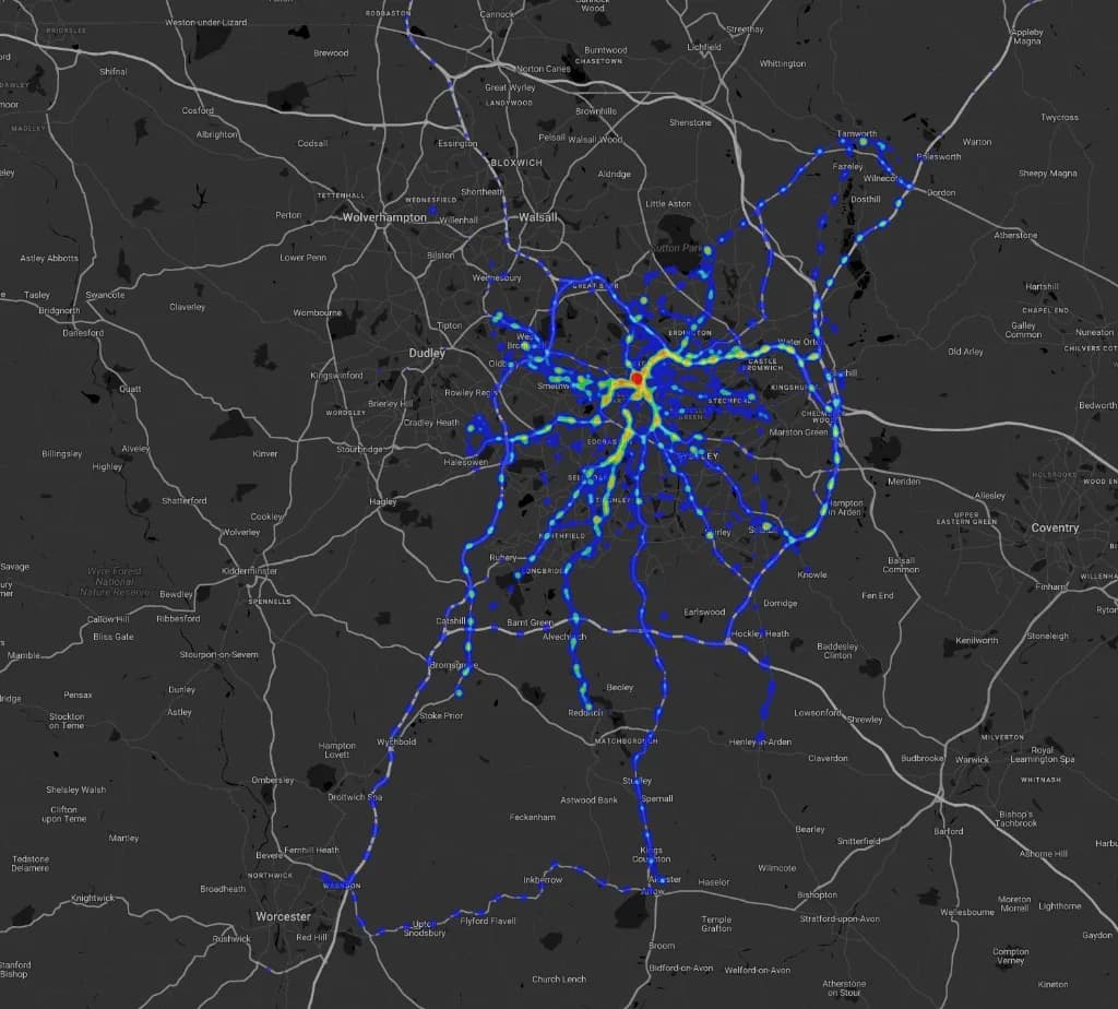 ZERO heat map of Royal Mail telematics routes radiating from Birmingham Mail Centre across the West Midlands