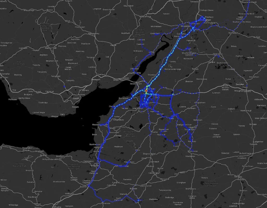 ZERO heat map of Royal Mail telematics routes radiating from Bristol Mail Centre across the South West and South Wales