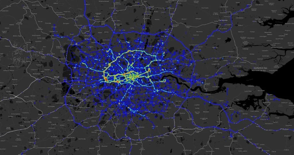 Telematics heat map visual from Transport for London service fleet electrification analysis