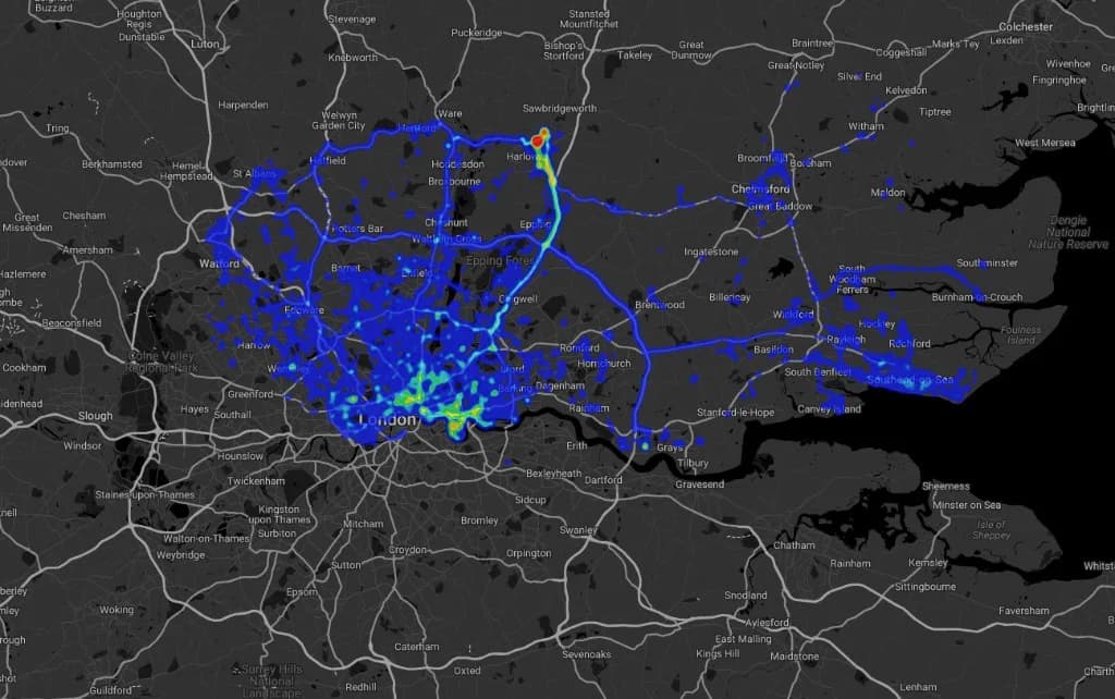 Powerfleet telematics heat map of Wincanton IKEA large-item delivery routes from Harlow across north London and surrounding counties