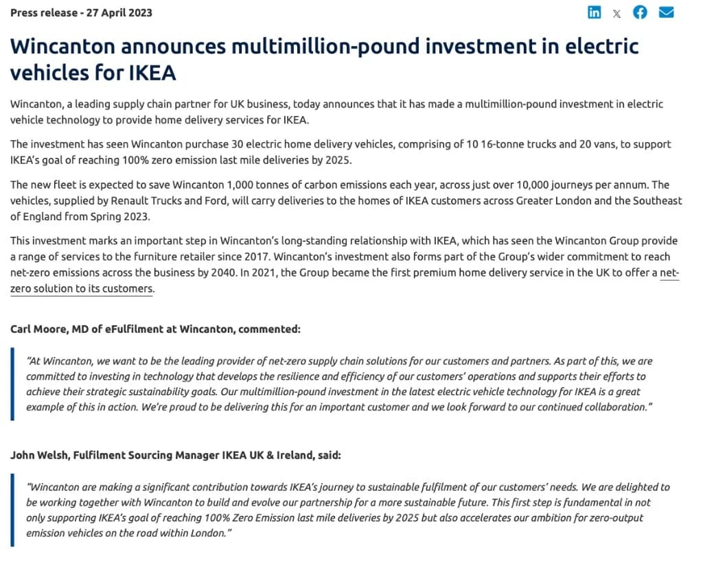 Wincanton press release announcing multimillion-pound investment in electric vehicles for IKEA home delivery, 27 April 2023